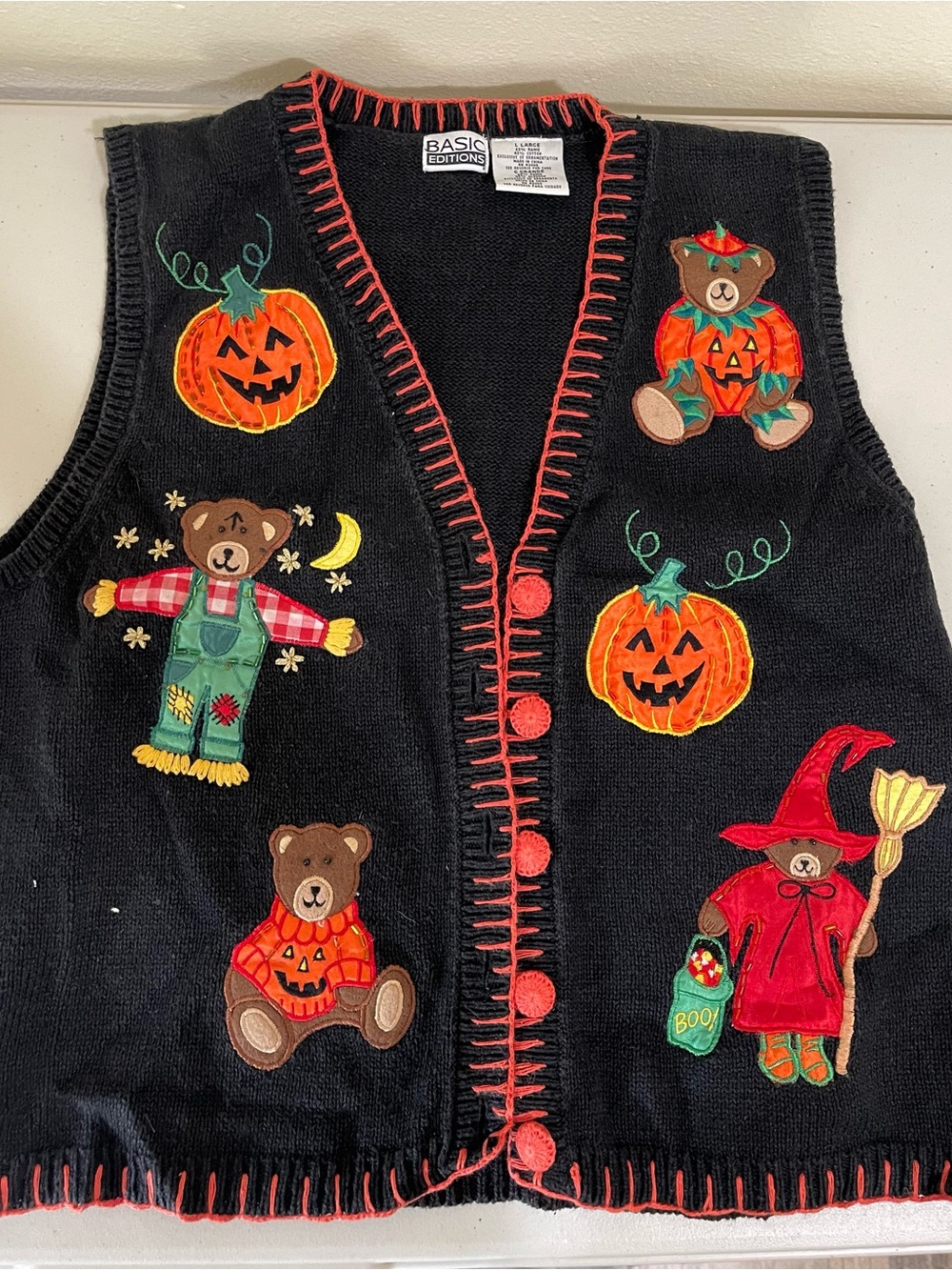 Basic Editions Black Halloween Bear & Pumpkin Appliqué Vest